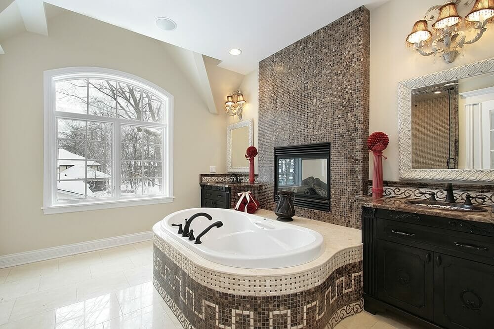 Loving the tile job and the utilization of the fireplace makes this bathroom a winner in our book.